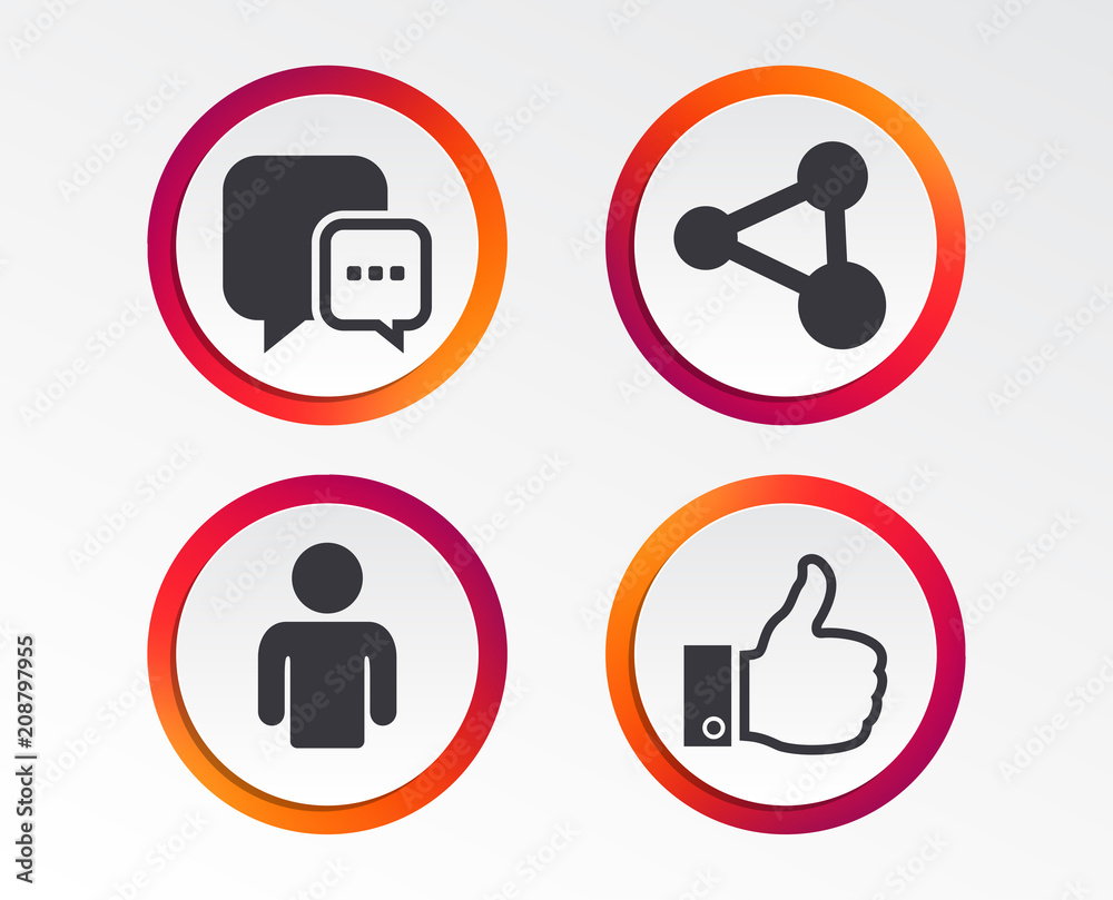 Social media icons. Chat speech bubble and Share link symbols. Like thumb up finger sign. Human person profile. Infographic design buttons. Circle templates. Vector Social media icons. Chat speech bubble and Share link symbols. Like thumb up finger sign. Human person profile. Infographic design buttons. Circle templates. Vector