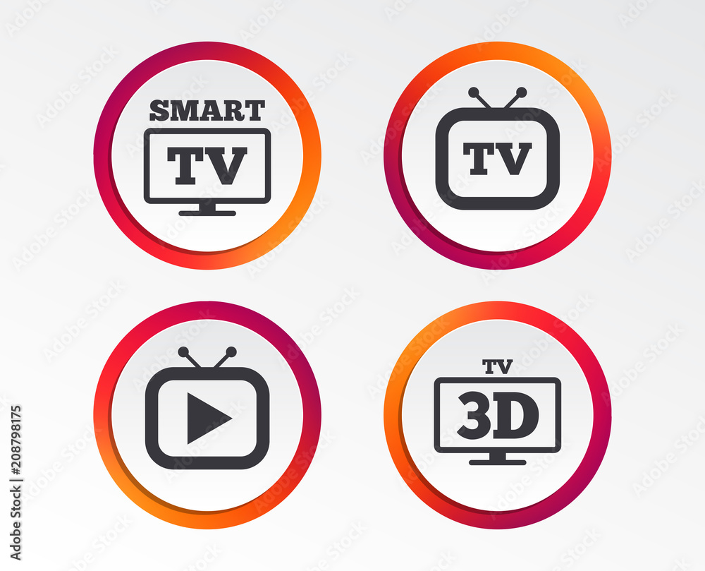 Smart 3D TV mode icon. Widescreen symbol. Retro television and TV table signs. Infographic design buttons. Circle templates. Vector Smart 3D TV mode icon. Widescreen symbol. Retro television and TV table signs. Infographic design buttons. Circle templates. Vector