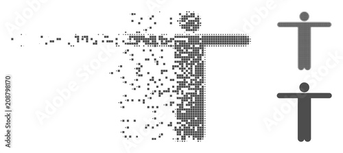Grey vector scarecrow pose icon in dispersed, pixelated halftone and undamaged whole variants. Disappearing effect involves rectangle dots.