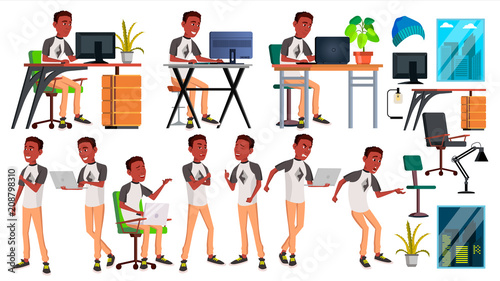Office Worker Vector. Businessman Worker. Black. African. Poses. Front, Side View. Happy Job. Partner, Clerk, Servant, Employee. Isolated Flat Cartoon Illustration