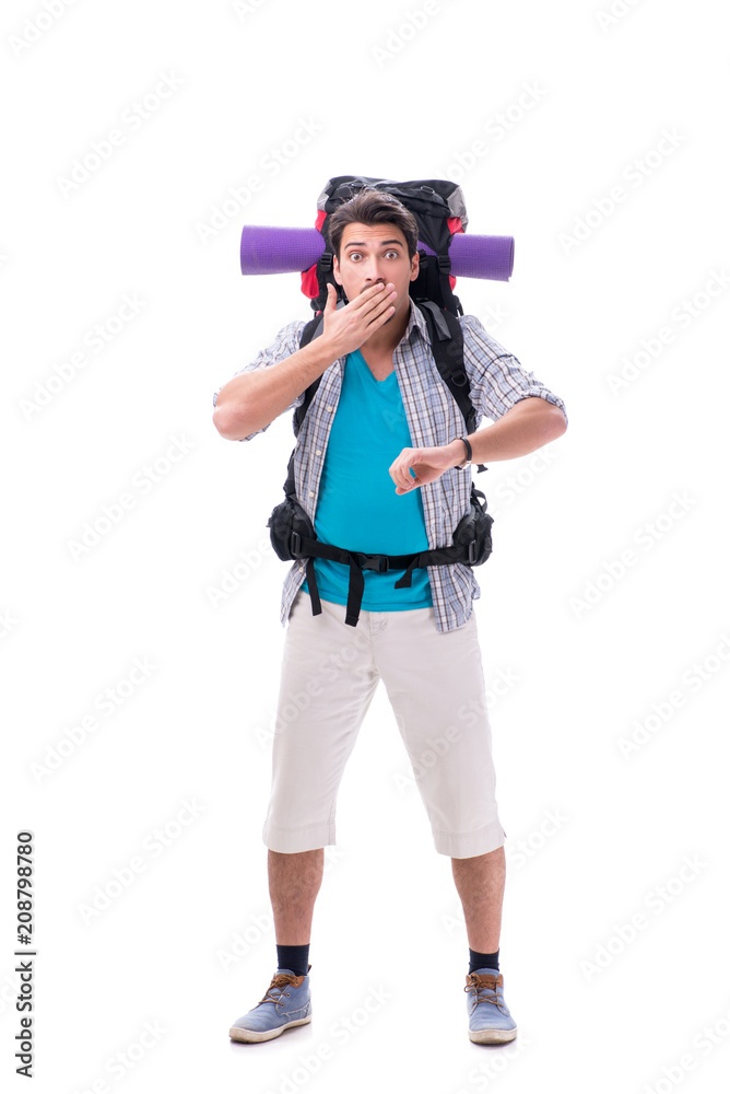 Backpacker with large backpack isolated on white Backpacker with large backpack isolated on white