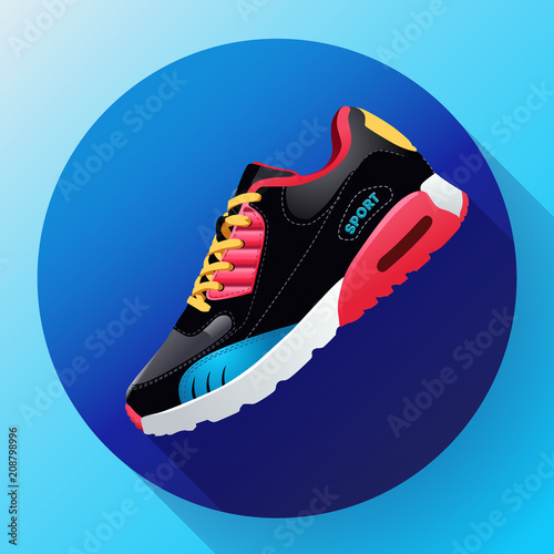 fitness sneakers shoes for training running shoe flat design with long shadow. Fitness app