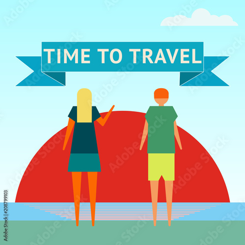 Time to travel. A man and a woman watch the sunrise on the ocean shore. Flat design