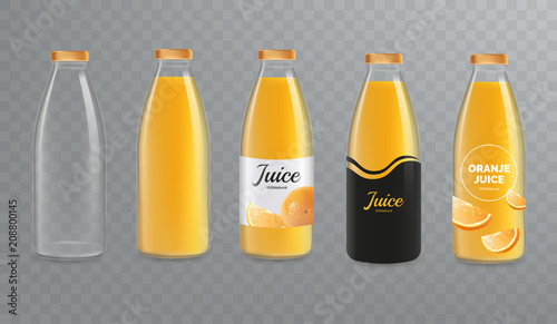 Orange juice bottle mockup. Vector glass bottle mock-up isolated on transparent background. Design of labels for juice. Vector eps 10.