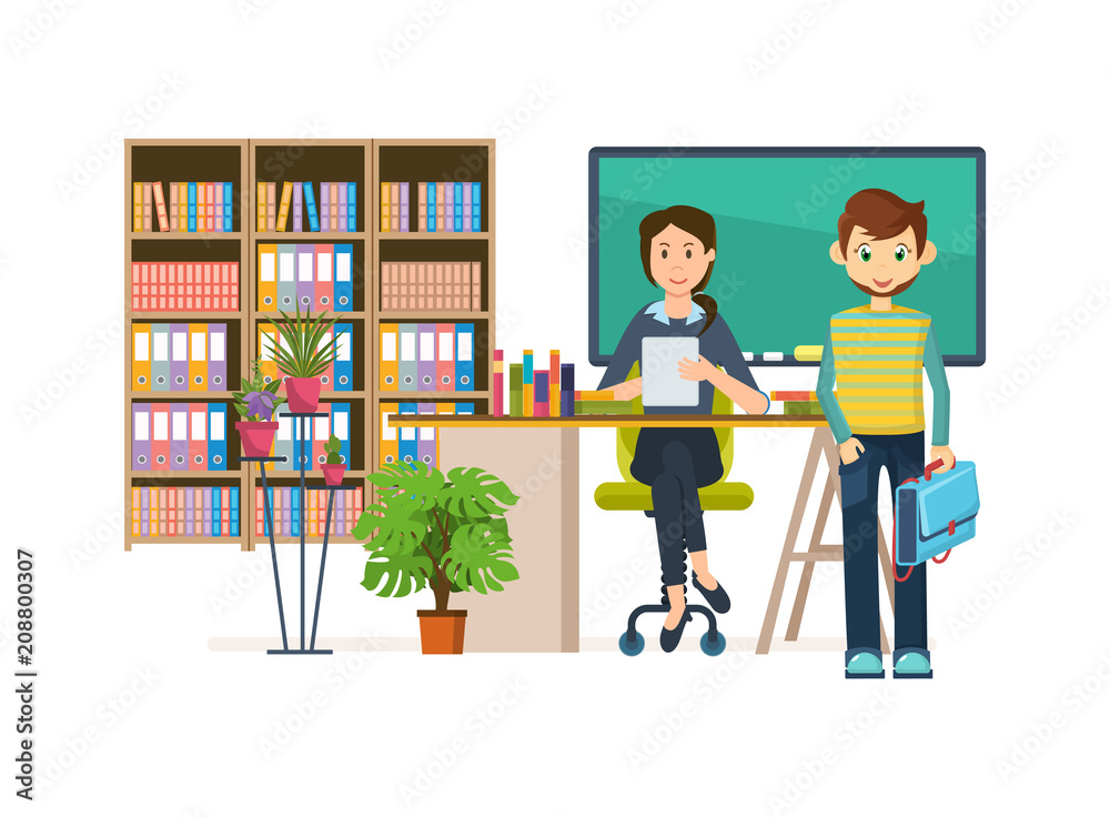 Teacher woman checks the work of student, schoolboy, at workplace. Teacher woman checks the work of student, schoolboy, at workplace.