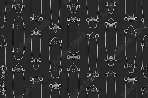 Seamless pattern with skateboards, outline style. isolated on black background