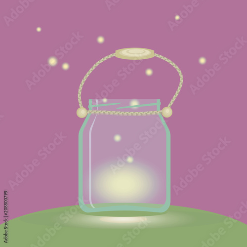 glass bank lantern with fireflies lights on a pink background green glade rope handle vector illustration