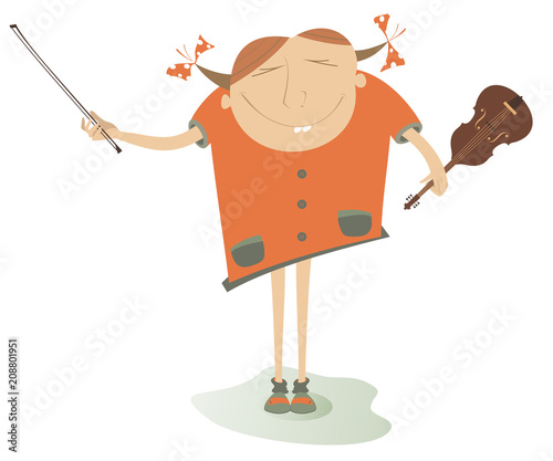Cartoon girl a violinist isolated illustration. Smiling young woman with a violin and fiddlestick isolated on white 
