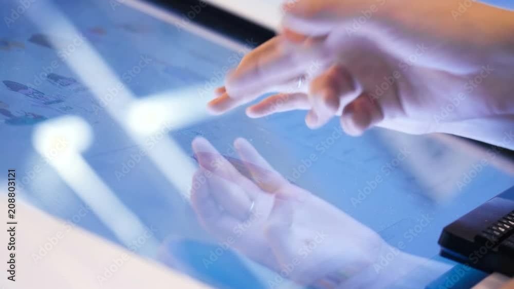 Networking graphical concept. Briefing in workplace. Businesswoman shows colleagues investment financial infographic close up on device at corporate training. Economy achievement, finance improvement