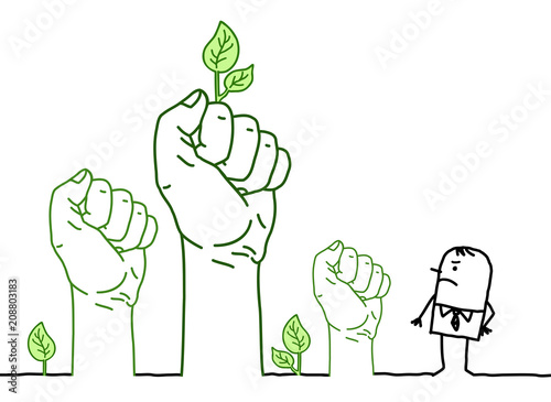 Big Green Hands with Cartoon Character - Protest