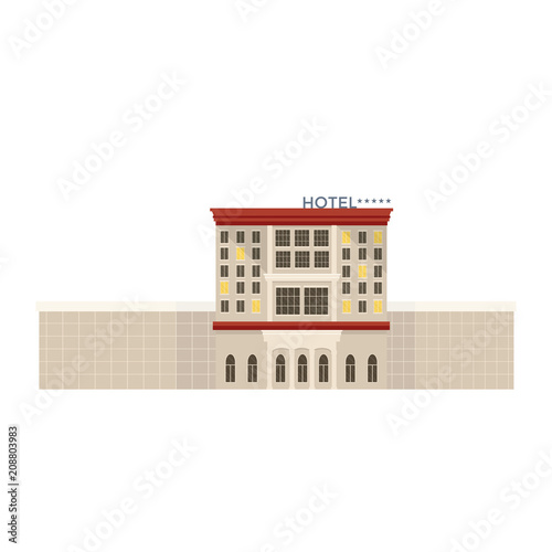 Flat vector icon with expensive luxury hotel, detailed accommodation building facade isolated on white background.