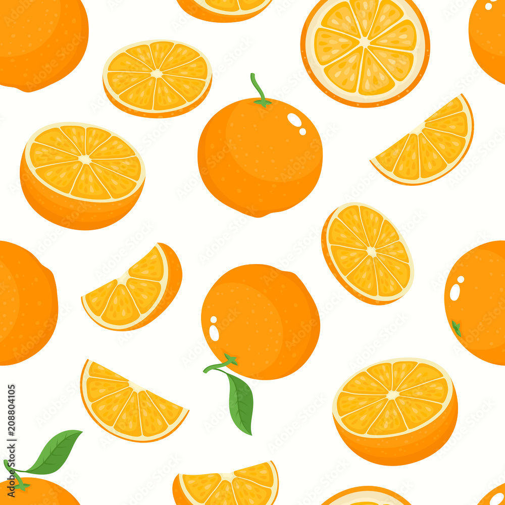 Vector pattern with cartoon oranges isolated on white.