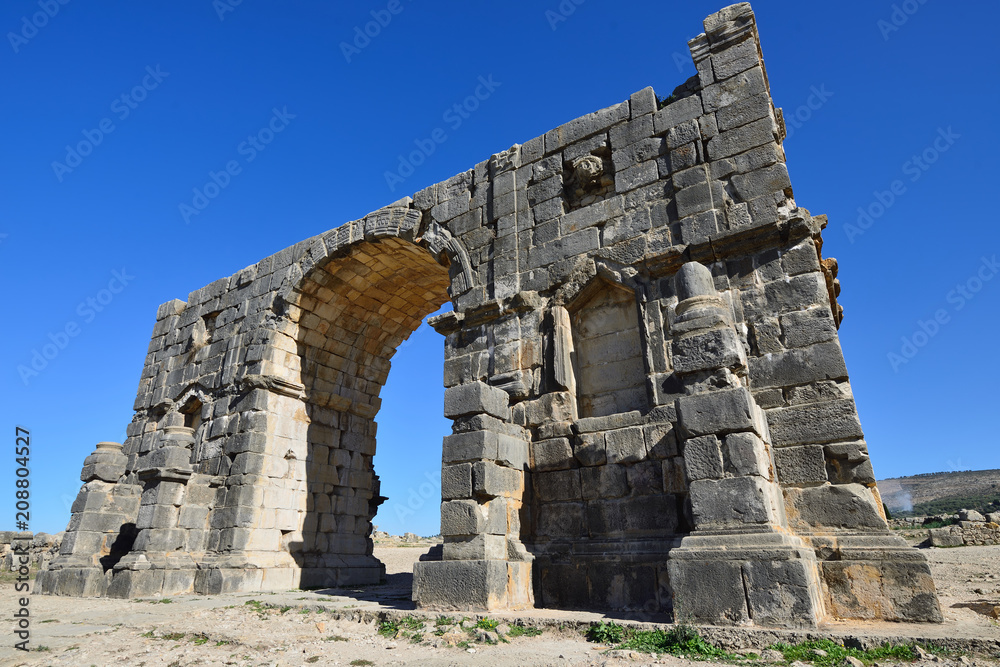 Extensive complex of ruins of the Roman city Volubilis - of ancient capital city of Mauritania in the central part of Morocco by the Meknes city.