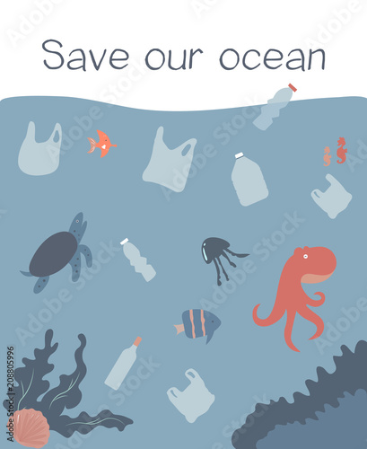 Eco concept poster with polluted ocean