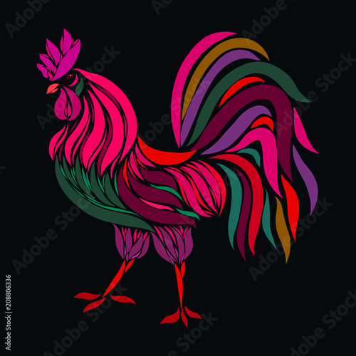 Colorful beautiful cock with magnificent plumage, on a black background