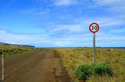 Speed limit signpost on the roadside of Easter Island, Chile, South America 