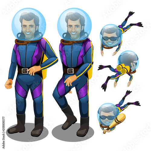 A set of young man scuba diver isolated on white background. Vector cartoon close-up illustration.