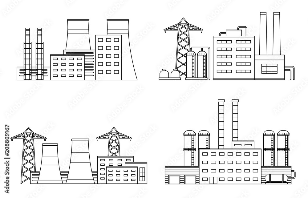 Set of production industrial building isolated on white background. Factory in the flat style.