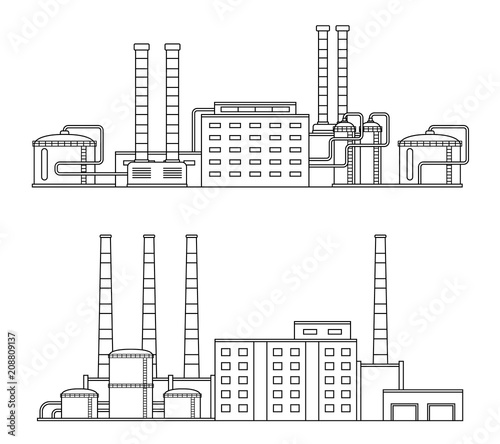 Set of production industrial building isolated on white background. Factory in the flat style.
