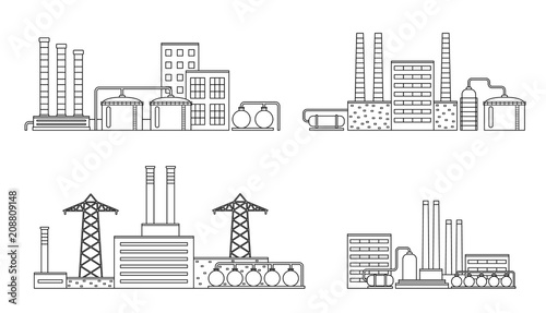 Set of production industrial building isolated on white background. Factory in the flat style.