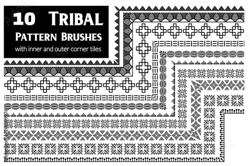 Tribal, ethnic vector pattern brushes with inner and outer corner tiles. Perfect for creating design elements, geometric ornament, frames, borders and more. All used brushes included in brush palette.