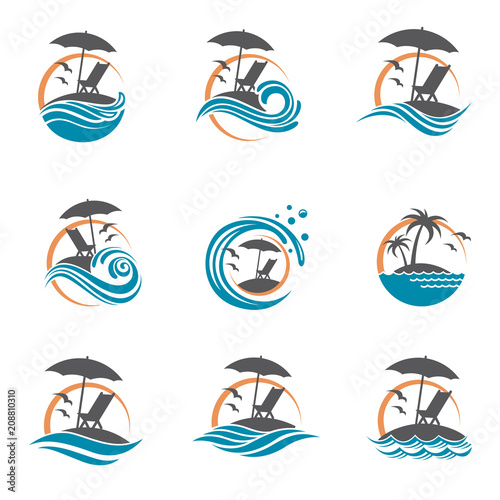 emblems collection of summer vacation with reclining chair and umbrella on island