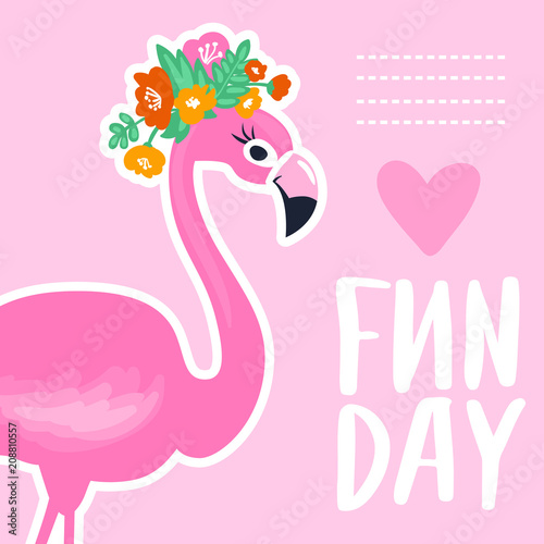 Vector summer card with funny pink flamingo. Tropical illustrati