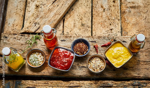 Spice rubs, ketchup, mustard and aromatic oils
