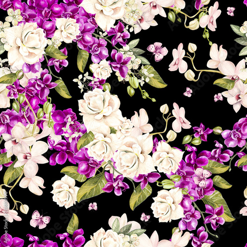 Beautiful watercolor seamless tropical jungle floral pattern background with ...
