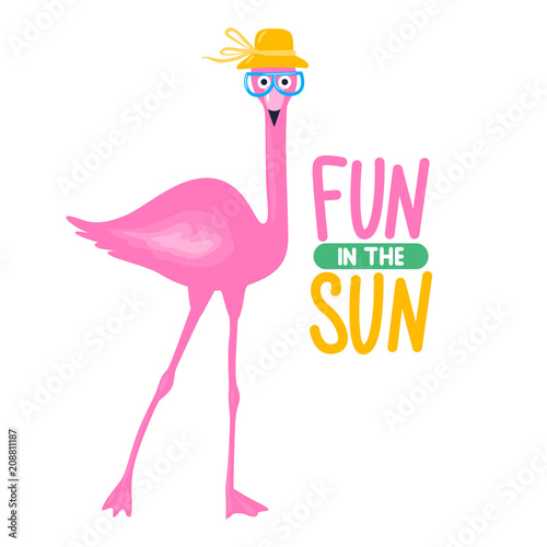 Vector summer card with funny pink flamingo. Trendy illustration