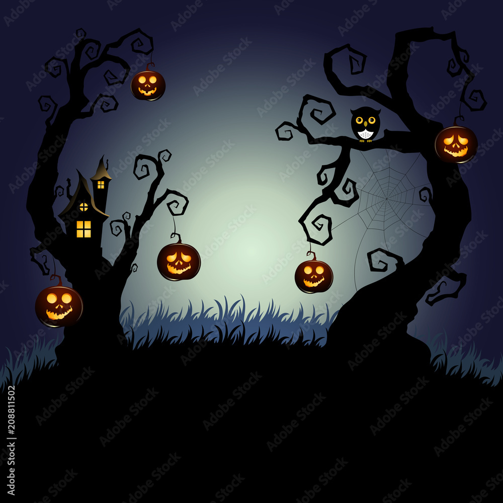 Halloween night background. Spooky forest with trees decorated with halloween pumpkins and mystic tree house 