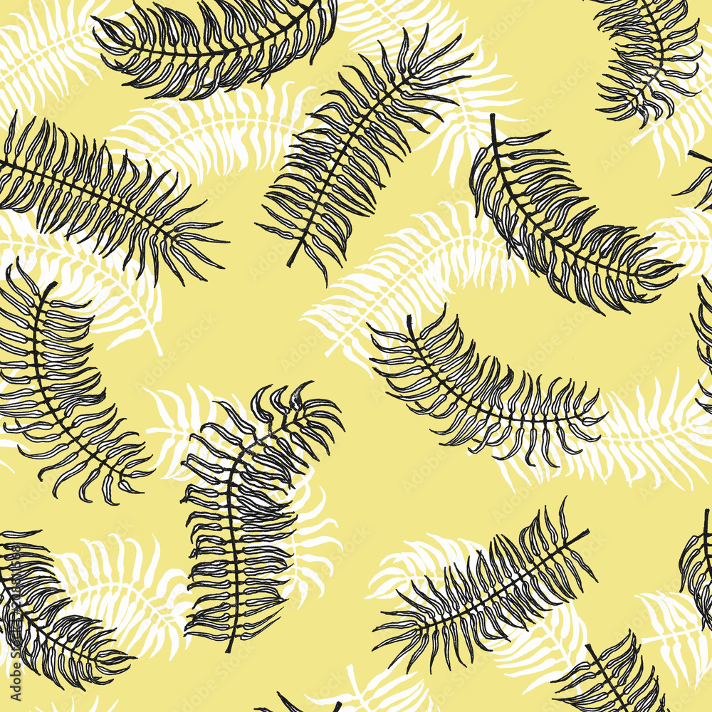 Seamless tropical pattern. Palm leaves on the yellow background