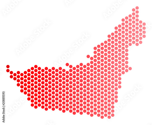 Red pixelated Arab Emirates map. Geographic plan in red color with horizontal gradient. Vector composition of Arab Emirates map done of round pixel matrix.