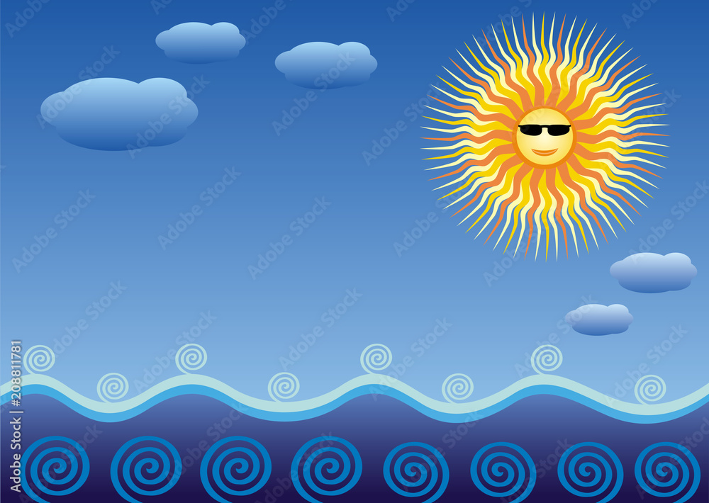 The sea and the sun. Cartoon stylized landscape. Can be used as a backing for a business card or a flyer. Vector picture. The sea and the sun. Cartoon stylized landscape. Can be used as a backing for a business card or a flyer. Vector picture.