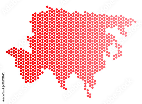 Red dotted Asia map. Geographic scheme in red color with horizontal gradient. Vector collage of Asia map composed of sphere blot pattern.