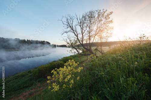 Tableau sur toile Foggy summer morning Volga river Russia