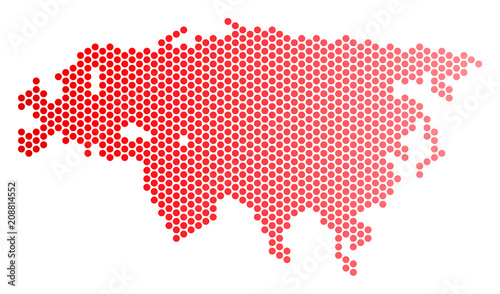 Red dotted Eurasia map. Geographic plan in red color with horizontal gradient. Vector concept of Eurasia map designed of spheric dot array.