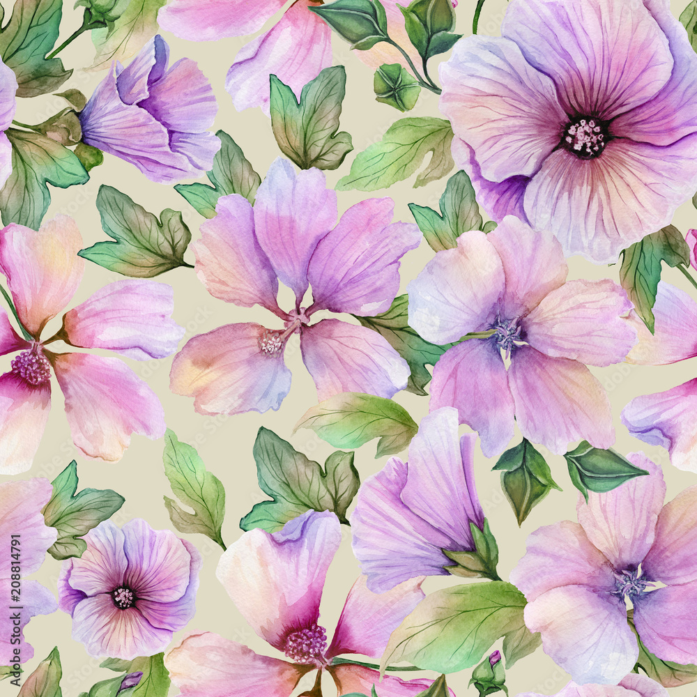 Beautiful lavatera flowers with green leaves on light beige background. Seamless floral pattern. Watercolor painting. Hand painted illustration. Beautiful lavatera flowers with green leaves on light beige background. Seamless floral pattern. Watercolor painting. Hand painted illustration.