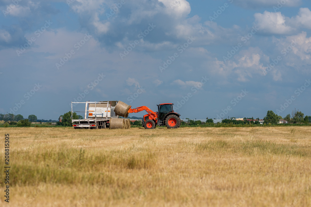 Tractor lifting hay bale on barrow.