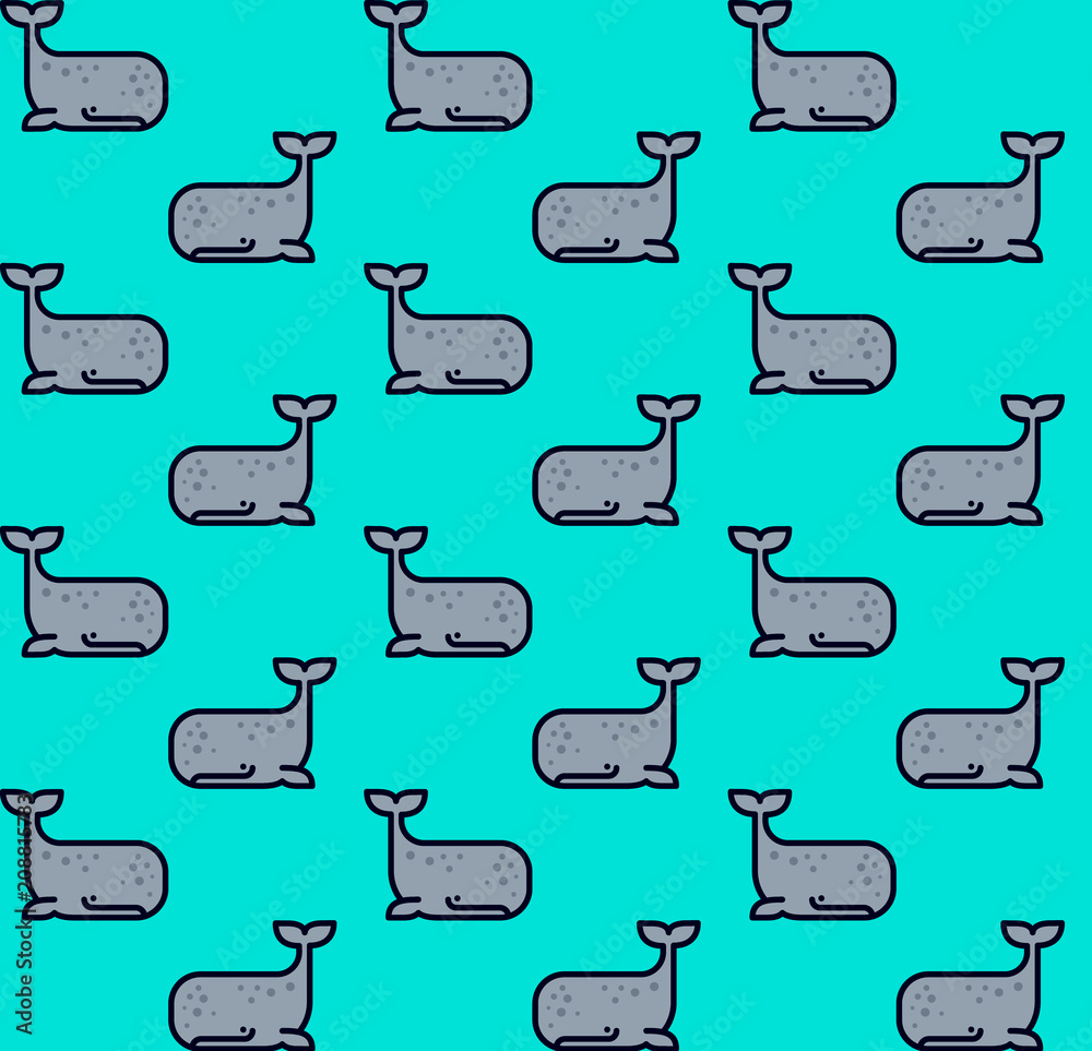 Obraz premium Gray cachalot seamless pattern. Small baby whales on azure background. Linear graphic. Pattern for textile or wrapping paper.