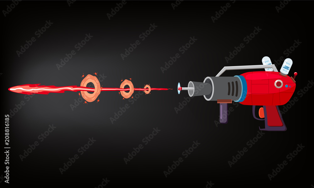 Blaster, laser, gan game, shot ray and flash, vector illustration