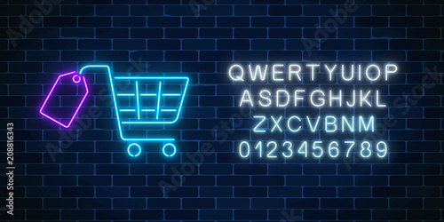 Glowing neon supermarket shopping cart with tag sign and alphabet. Neon light effects store basket.