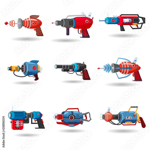 Set cartoon retro space blaster, ray gun, laser weapon. Vector illustration. Cartoon style