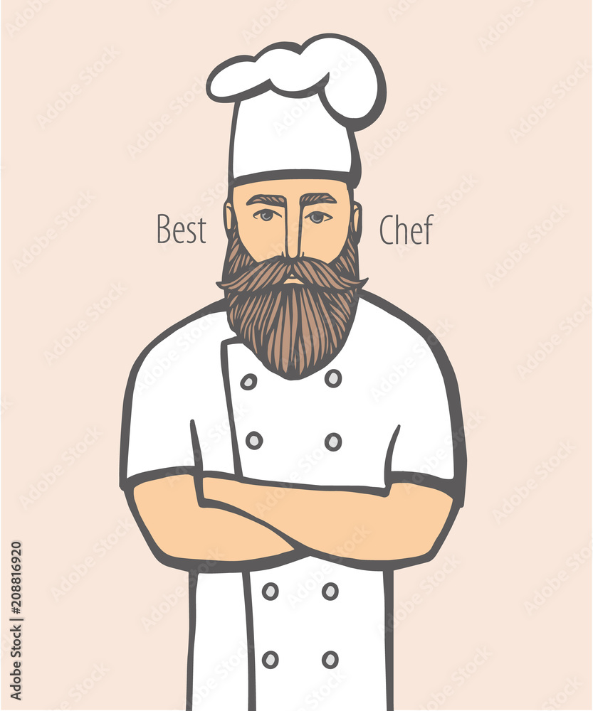 Hand drawn vector illustration of hipster chief-cooker with a mustache and beard in a white dress. chief-cooker logo. Hand drawn vector illustration of hipster chief-cooker with a mustache and beard in a white dress. chief-cooker logo.