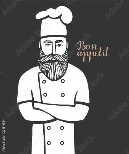 Hand drawn vector illustration of hipster chief-cooker with a mustache and beard in a white dress. chief-cooker logo.