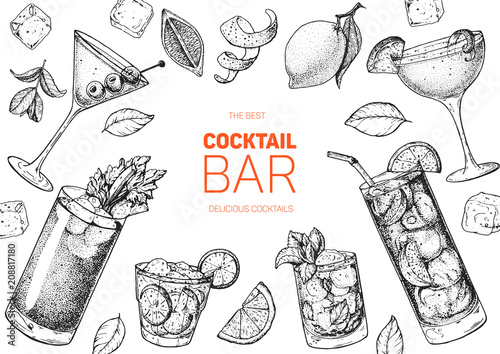 Alcoholic cocktails hand drawn vector illustration. Cocktails sketch set. Engraved style. photo