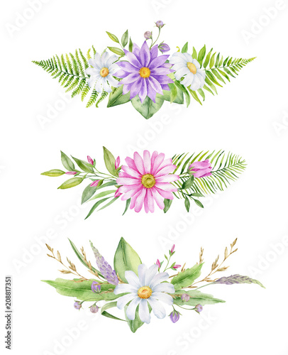 Watercolor hand painted arrangements with green leaves and wild flowers.Perfect for wedding invitations, save the date or greeting cards. © Lora