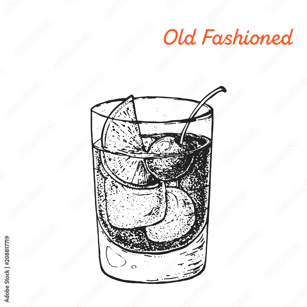 Old Fashioned cocktail illustration. Alcoholic cocktails hand drawn vector illustration. Sketch style - obrazy, fototapety, plakaty 