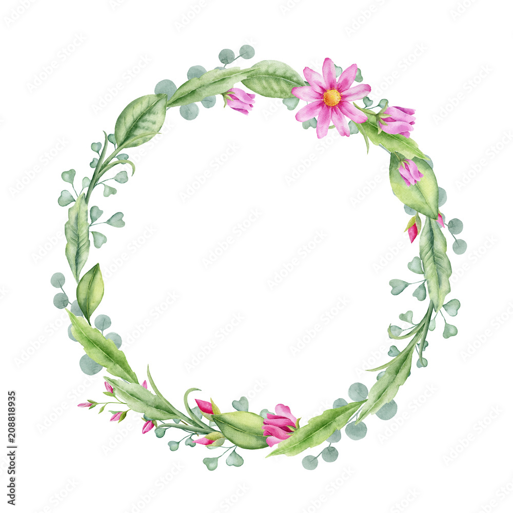 Watercolor hand painted round wreath with flowers and leaves. Frame for wedding invitations, save the date or greeting cards..