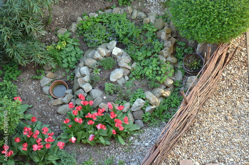 Permacultural element - herb spiral in spring season